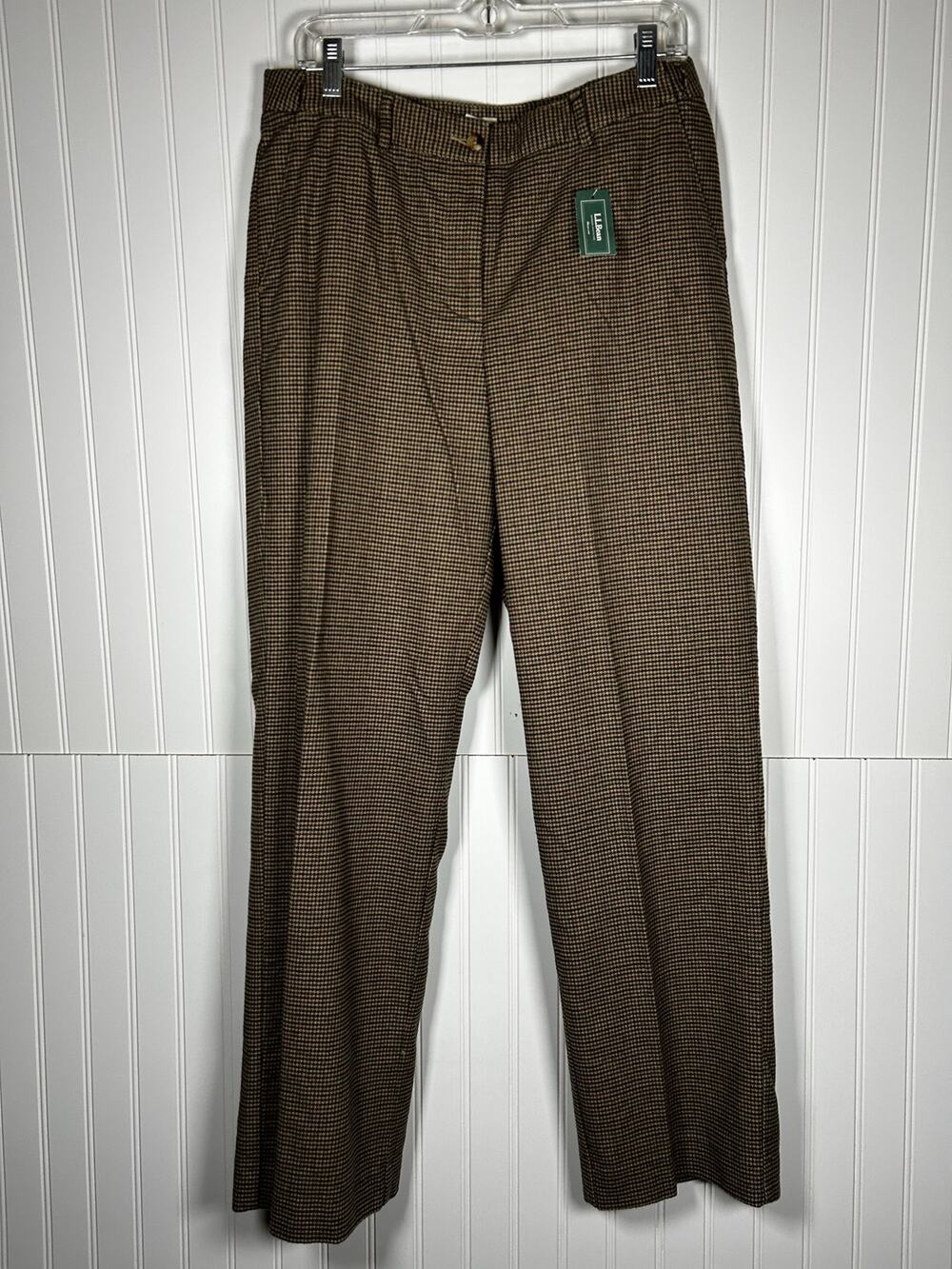 LL Bean Women Houndstooth Classic Fit Dress Trouser 12 brown beige NWT